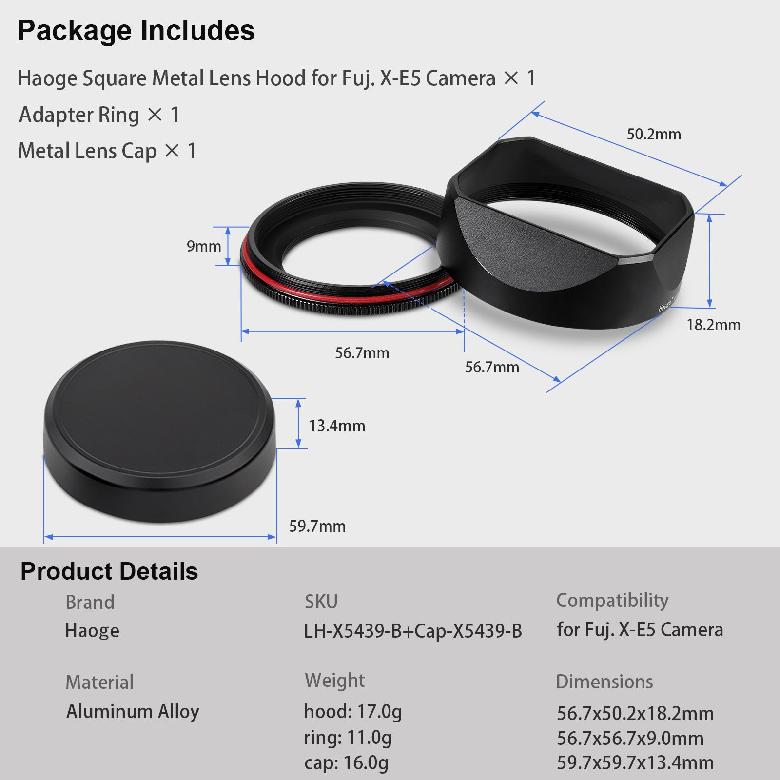 Haoge Metal Squaret Lens Hood for Fujifilm X-E5 & XF 23mm f2.8 set
