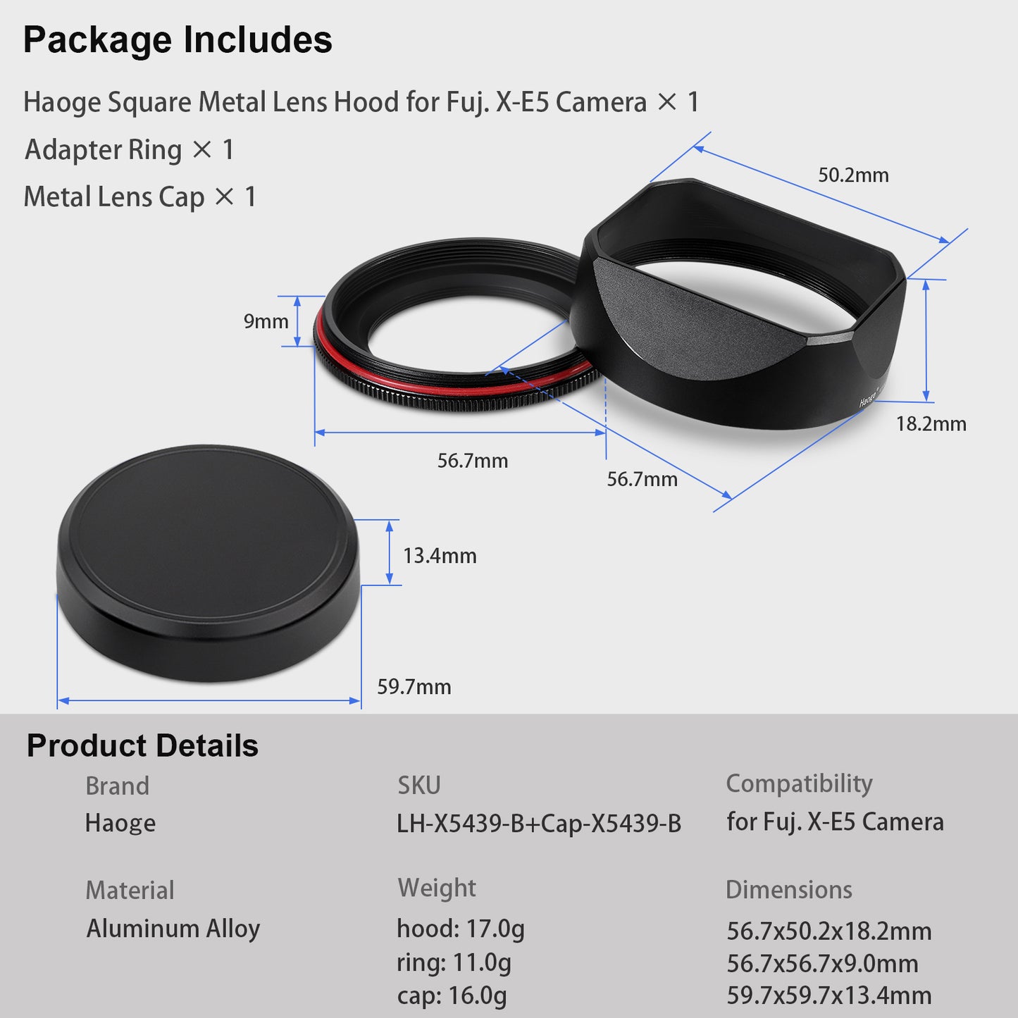 Haoge Metal Squaret Lens Hood for Fujifilm X-E5 & XF 23mm f2.8 set Fujinon XF27mmF2.8 R WR Lense 39mm Screw-in Hood Black,With Metal Cap, on XE5 Camera Body Kit