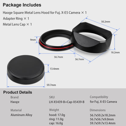 Haoge Metal Squaret Lens Hood for Fujifilm X-E5 & XF 23mm f2.8 set Fujinon XF27mmF2.8 R WR Lense 39mm Screw-in Hood Black,With Metal Cap, on XE5 Camera Body Kit