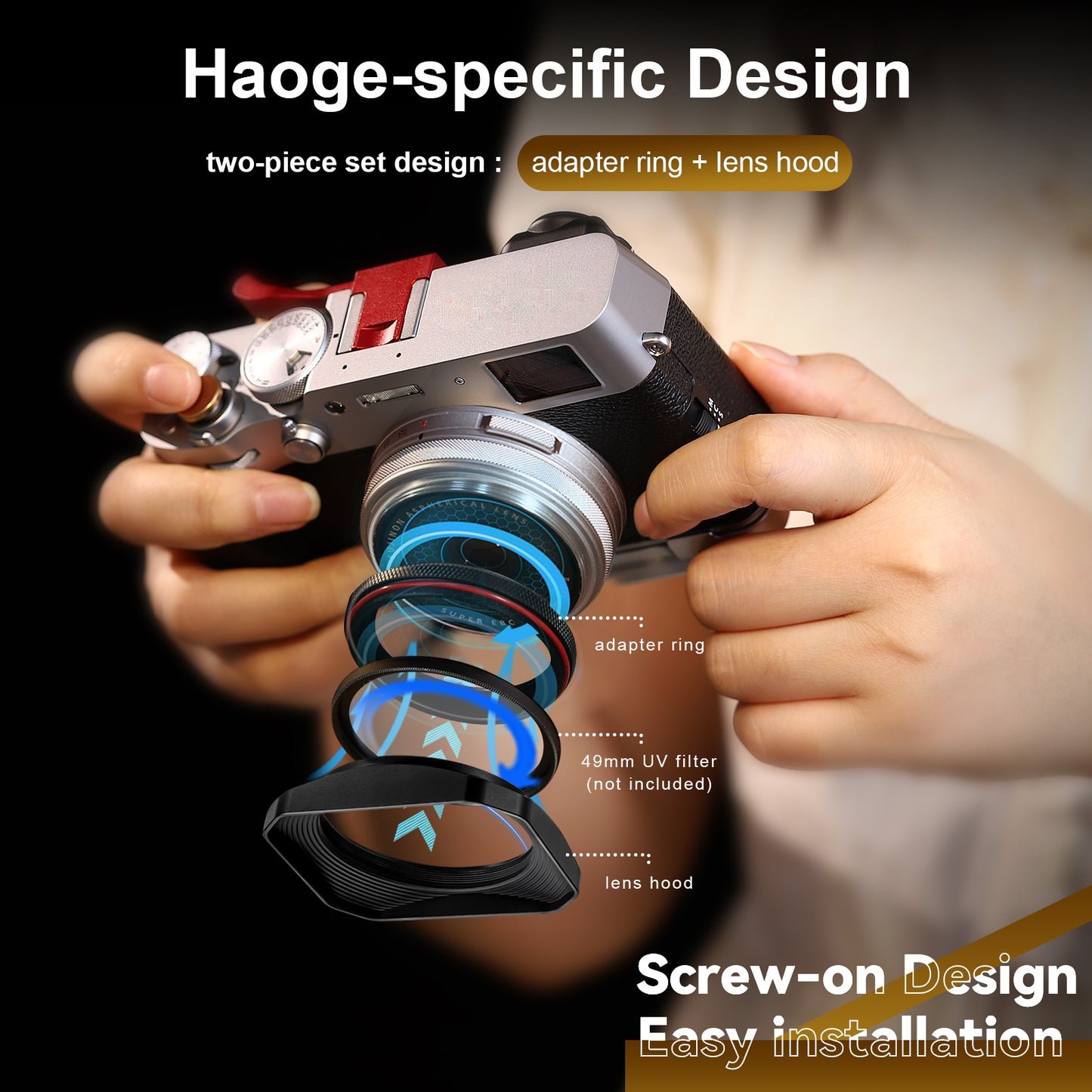 Haoge Square Metal Lens Hood with 49mm Uv Filter Adapter Ring for Fujifilm X100VI Fuji X100V X100F X100T X100S X70 Fuji Photo Camera Accessories LH-X1006B Black