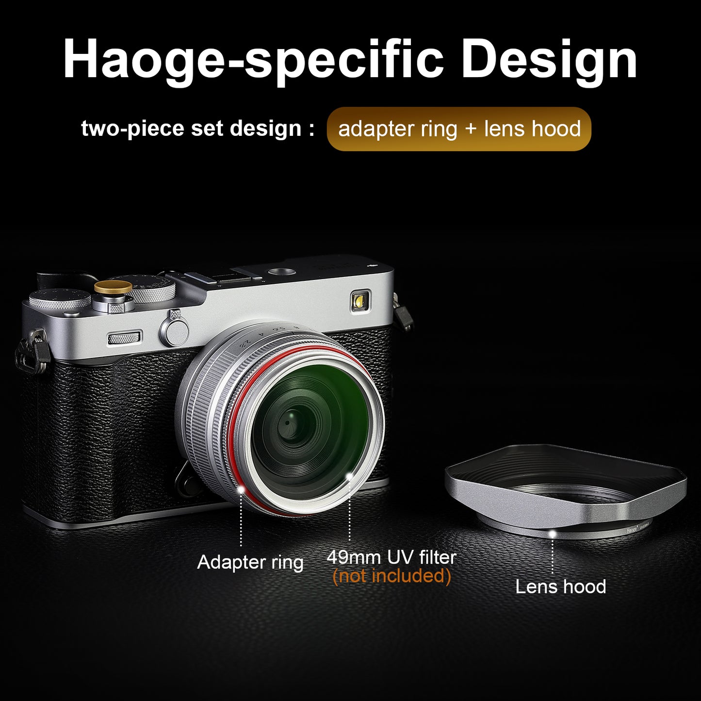 Haoge Squaret Metal Lens Hood  for Fujifilm XF23mm F2.8 on XE5 Cemera Body kit & Fujinon XF27mmF2.8 R WR Lense ,With Metal Cap,39mm Screw-in Hood Silver
