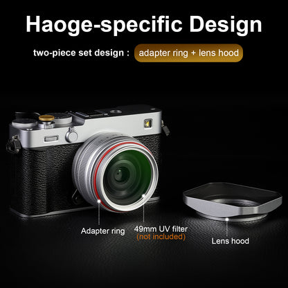 Haoge Squaret Metal Lens Hood  for Fujifilm XF23mm F2.8 on XE5 Cemera Body kit & Fujinon XF27mmF2.8 R WR Lense ,With Metal Cap,39mm Screw-in Hood Silver