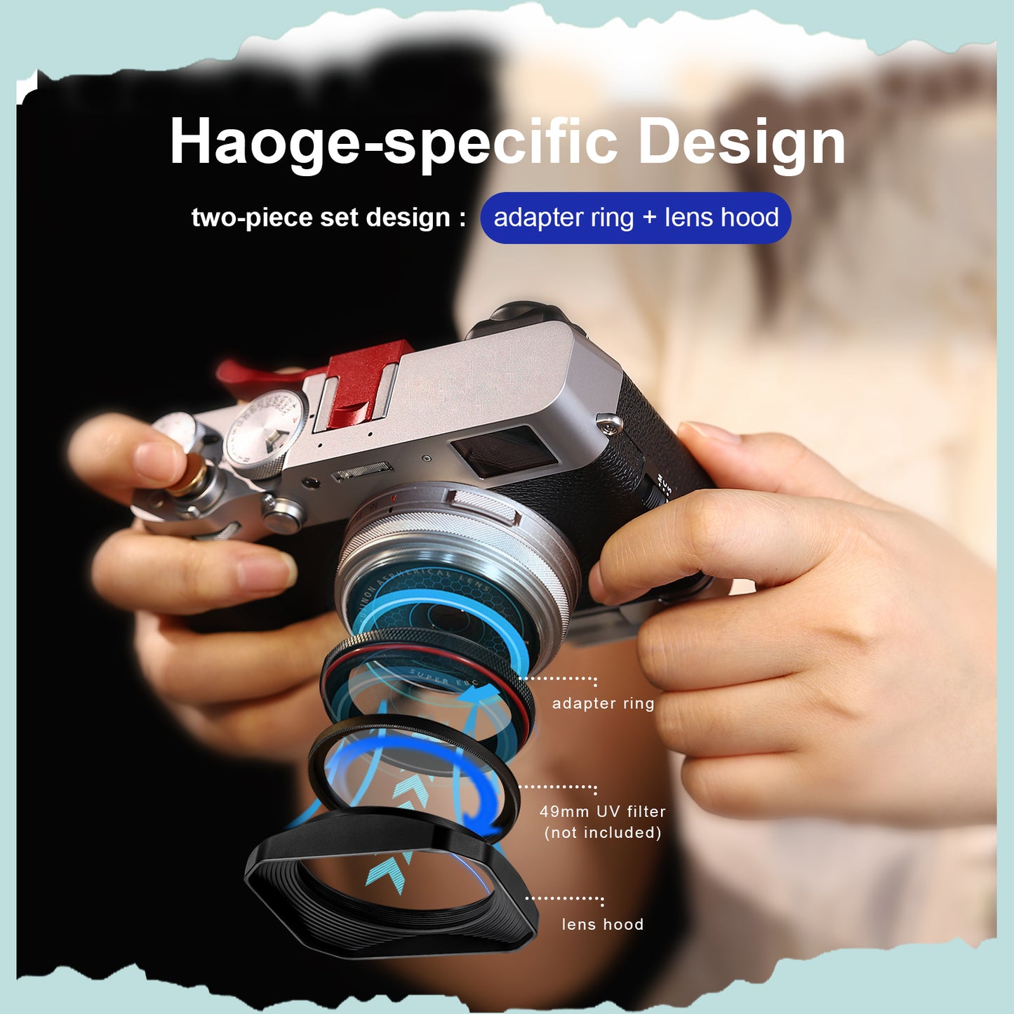 Haoge Square Metal Lens Hood with 49mm Uv Filter Adapter Ring for Fujifilm X100VI Fuji X100V X100F X100T X100S X70 Fuji Photo Camera Accessories Hollow Out Designed Black