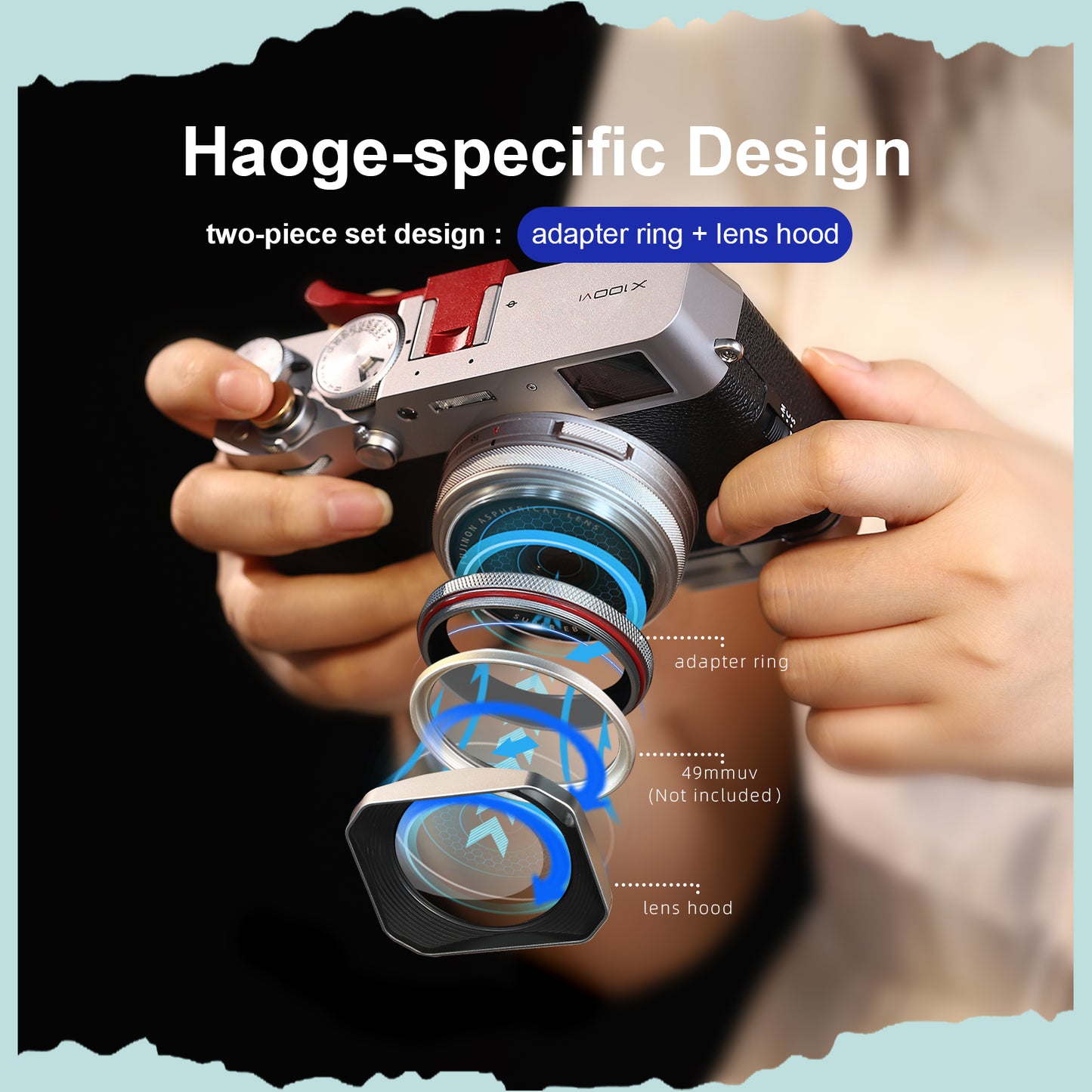 Haoge Square Metal Lens Hood for Fujifilm X100VI Fuji X100V X100F X100T X100S X70 Fuji Photo Camera Accessories Silver with 49mm Uv Filter Adapter Ring Hollow Out Designed LH-X1006-PS