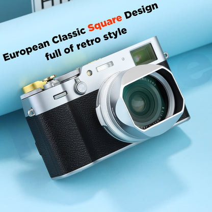 Haoge LH-X54W Square Metal Lens Hood with 49mm Adapter Ring for Fujifilm Fuji X100VI x100v Camera Silver