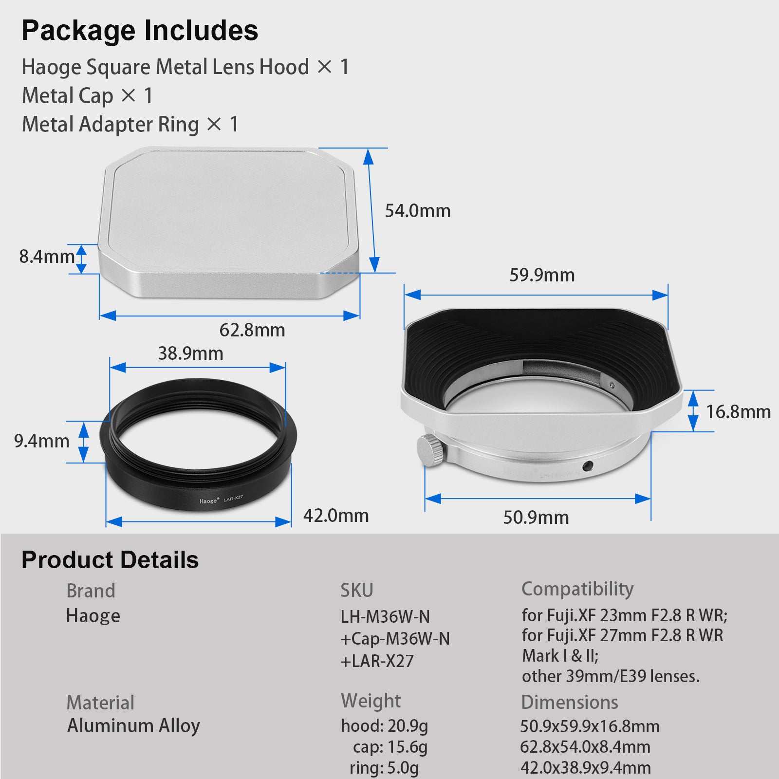 Haoge Lens Hood Metal Squaret for Fujifilm XF 23mm F2.8 R WR Lens