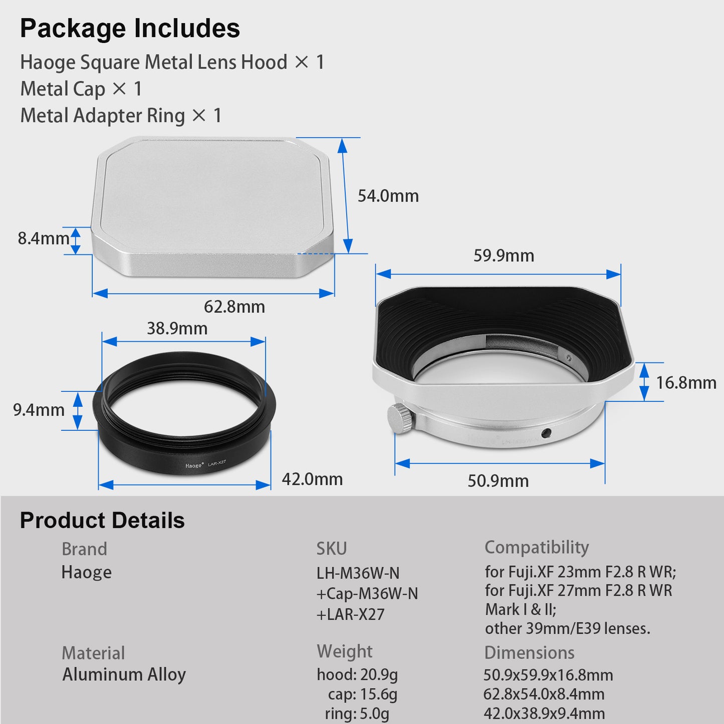 Haoge Lens Hood Metal Squaret for Fujifilm XF 23mm F2.8 R WR Lens Hood ,Fuji XF 27mm F2.8 R WR Lens Hood Silver ,With Metal Cap on Fuji X-E5 Camera