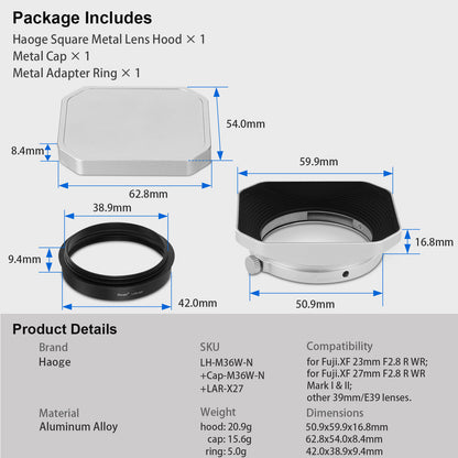 Haoge Lens Hood Metal Squaret for Fujifilm XF 23mm F2.8 R WR Lens Hood ,Fuji XF 27mm F2.8 R WR Lens Hood Silver ,With Metal Cap on Fuji X-E5 Camera