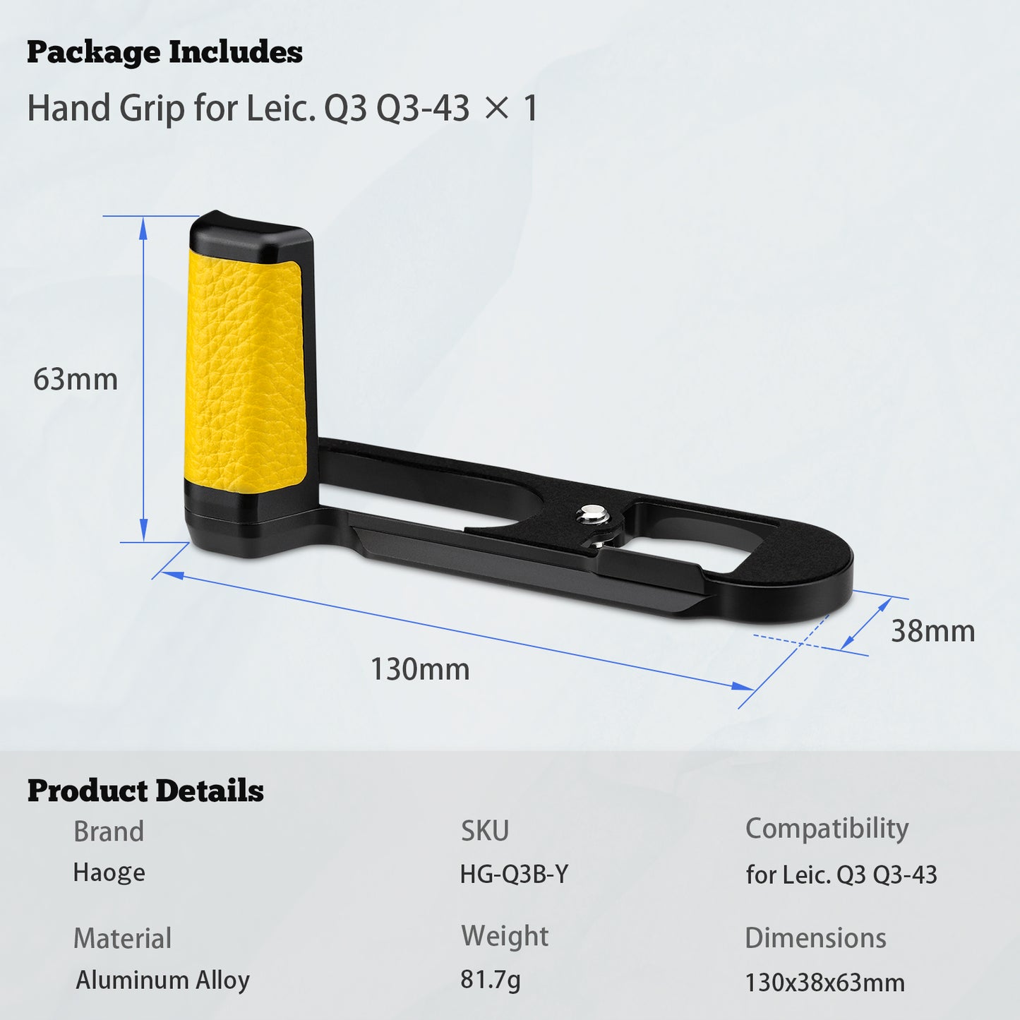 Haoge Handle HandGrip for Leica Q3 Q3 43 Digital Camera Digital Body L-Shape Grip Bracket Yellow HG-Q3B-Y