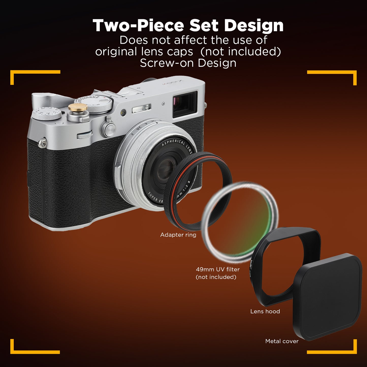 Haoge LH-X200B Square Metal Lens Hood with 49mm Adapter Ring for Fujifilm Fuji X100VI X100V X100F X100T X100S X100 X70 Fuji Photo Camera Accessories Black