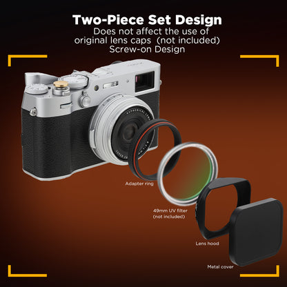 Haoge LH-X200B Square Metal Lens Hood with 49mm Adapter Ring for Fujifilm Fuji X100VI X100V X100F X100T X100S X100 X70 Fuji Photo Camera Accessories Black