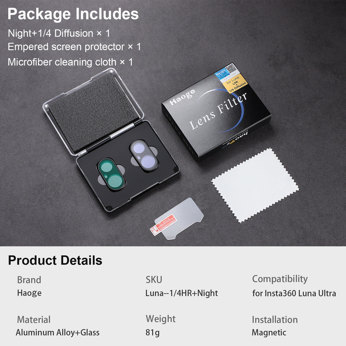 Haoge Magnetic Filter Kit for Insta360 Luna Ultra,Includes Black Mist 1/4,Light Pollution Filter(2-Pack)