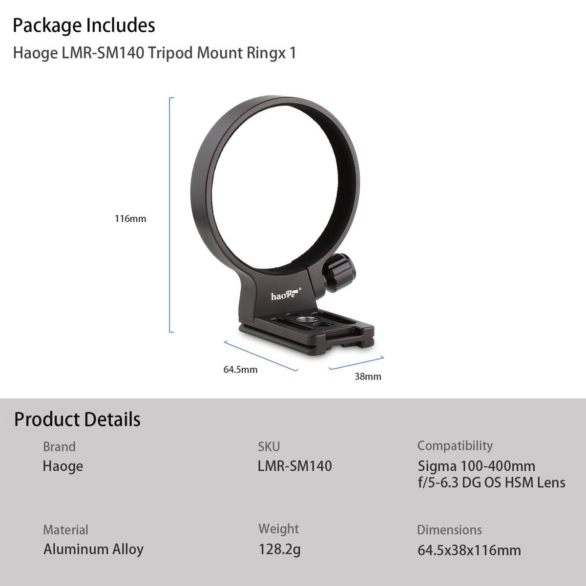 Haoge LMR-SM140-N Tripod Mount Ring for Tamron 35-150 mm F/2-2.8 Di III VXD A058 Lens for Sony E-Mount Sigma 100-400mm f/5-6.3 DG OS HSM Lens for Canon EF Mount and Nikon F Mount built-in Arca Type Quick Release Plate