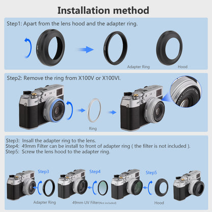 Haoge LH-X51B 2in1 All Metal Ultra-Thin Lens Hood with Adapter Ring Set for Fuji Fujifilm FinePix X100V X100VI Camera Black