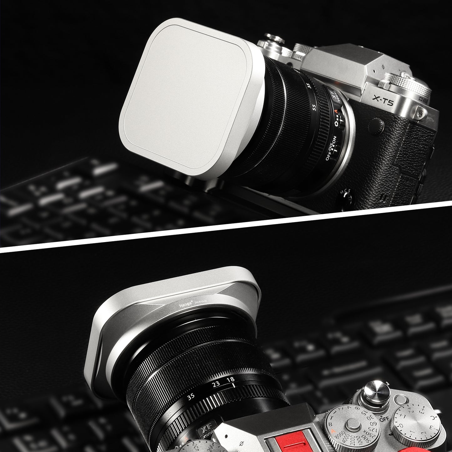 Haoge Square Metal Lens Hood for Fujifilm Fuji Fujinon XF 18-55mm F2.8-4.0 R LM OIS &  XF 14mm F2.8 R Lens  on X-Pro3  X-T5 XT4 X-T50 X-T30 X-E4 X-H2, Silver with Cap LH-X13 Bayonet