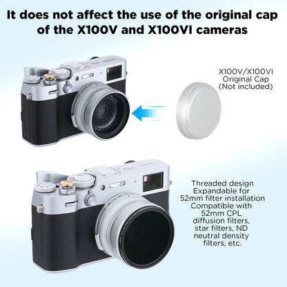 Haoge LUV-X54W Metal Lens Hood with MC UV Protection Multicoated Ultraviolet Lens Filter for Fujifilm X100VI Fuji X100V Camera Silver