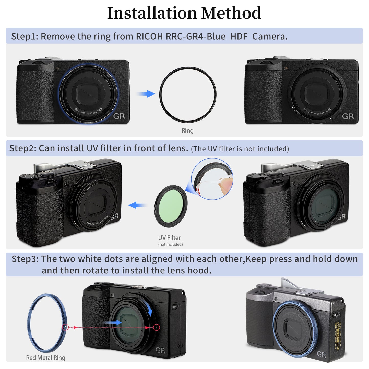 Haoge RRC-GR4-Blue Metal Decorate Ring Cap for RICOH GR IV Camera replaces GN-3