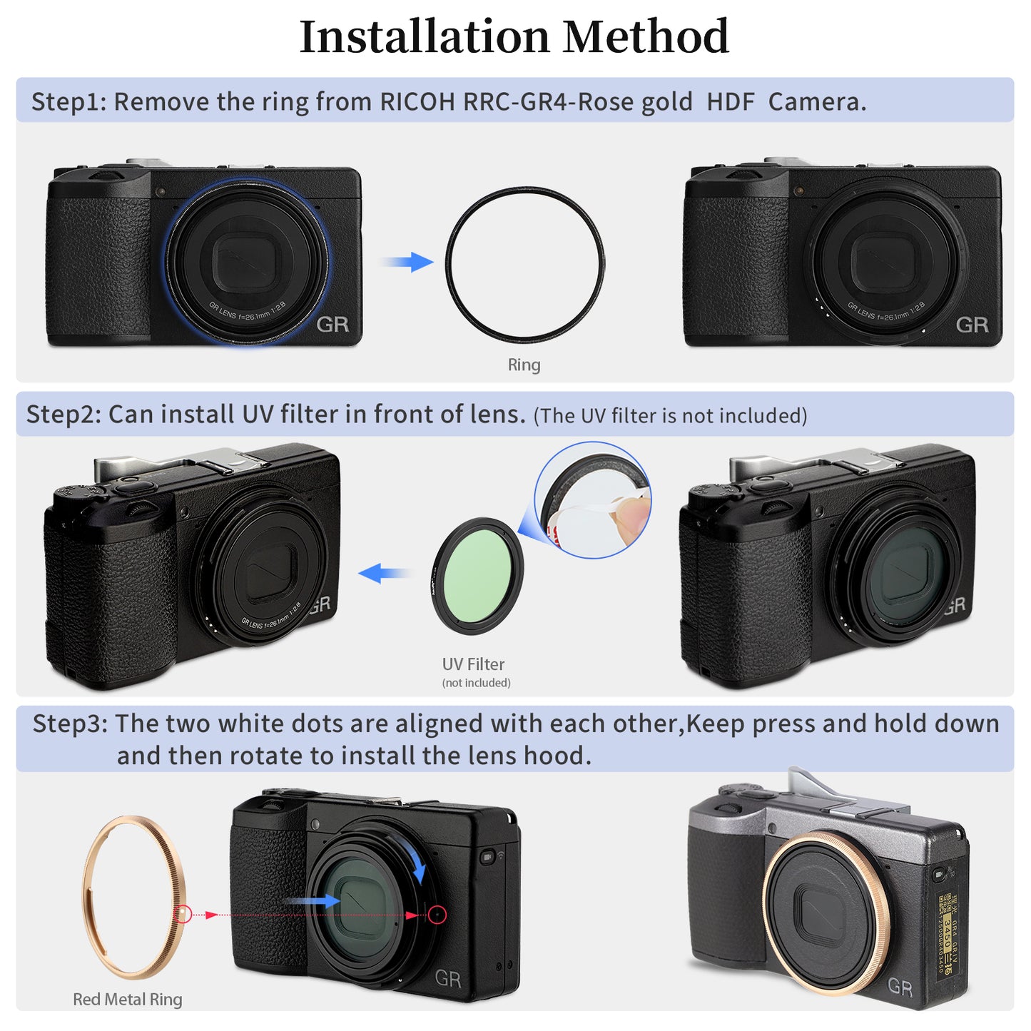 Haoge RRC-GR4-Rose gold Metal Decorate Ring Cap for RICOH GR IV Camera replaces GN-3