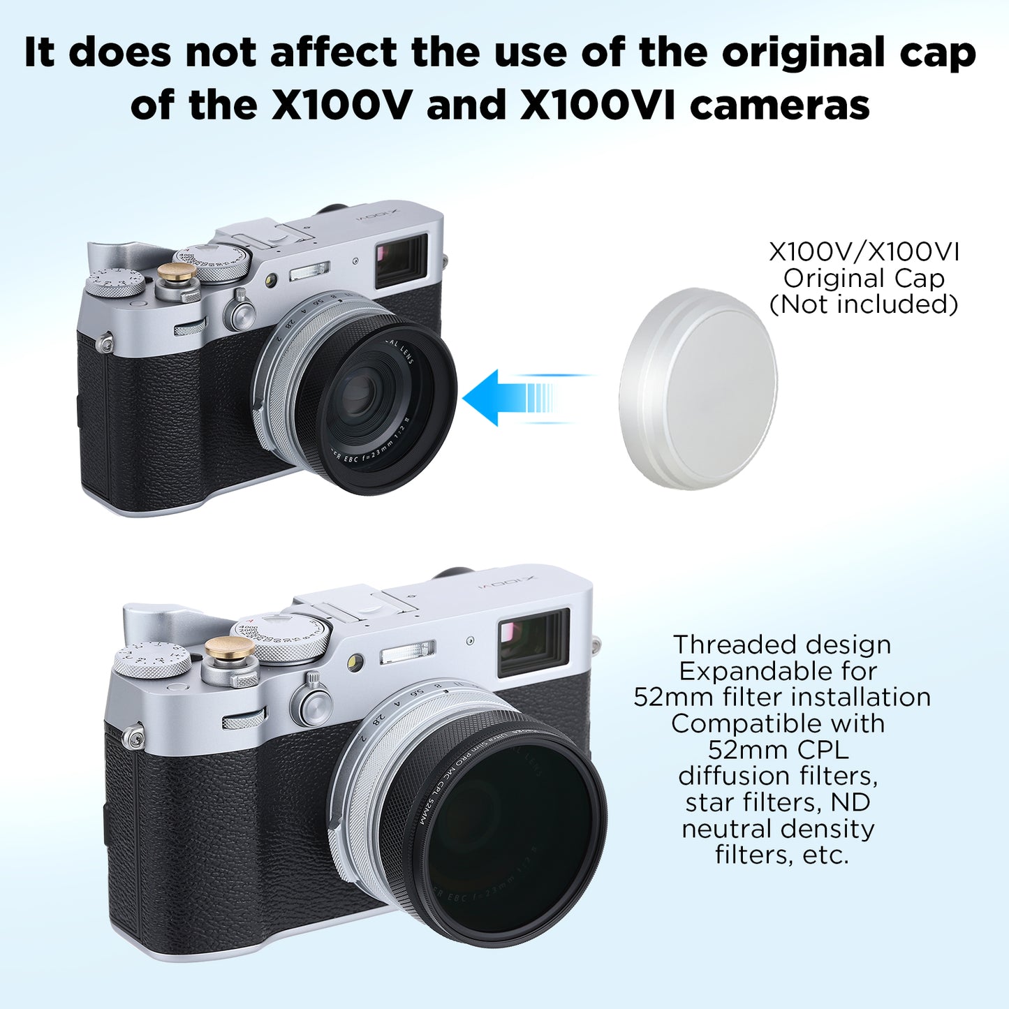 Haoge LUV-X54B メタルレンズフード MC UVカット マルチコート 紫外線レンズフィルター付き Fujifilm Fuji X100Vカメラ用 ブラック