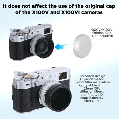 Haoge LUV-X54B メタルレンズフード MC UVカット マルチコート 紫外線レンズフィルター付き Fujifilm Fuji X100Vカメラ用 ブラック