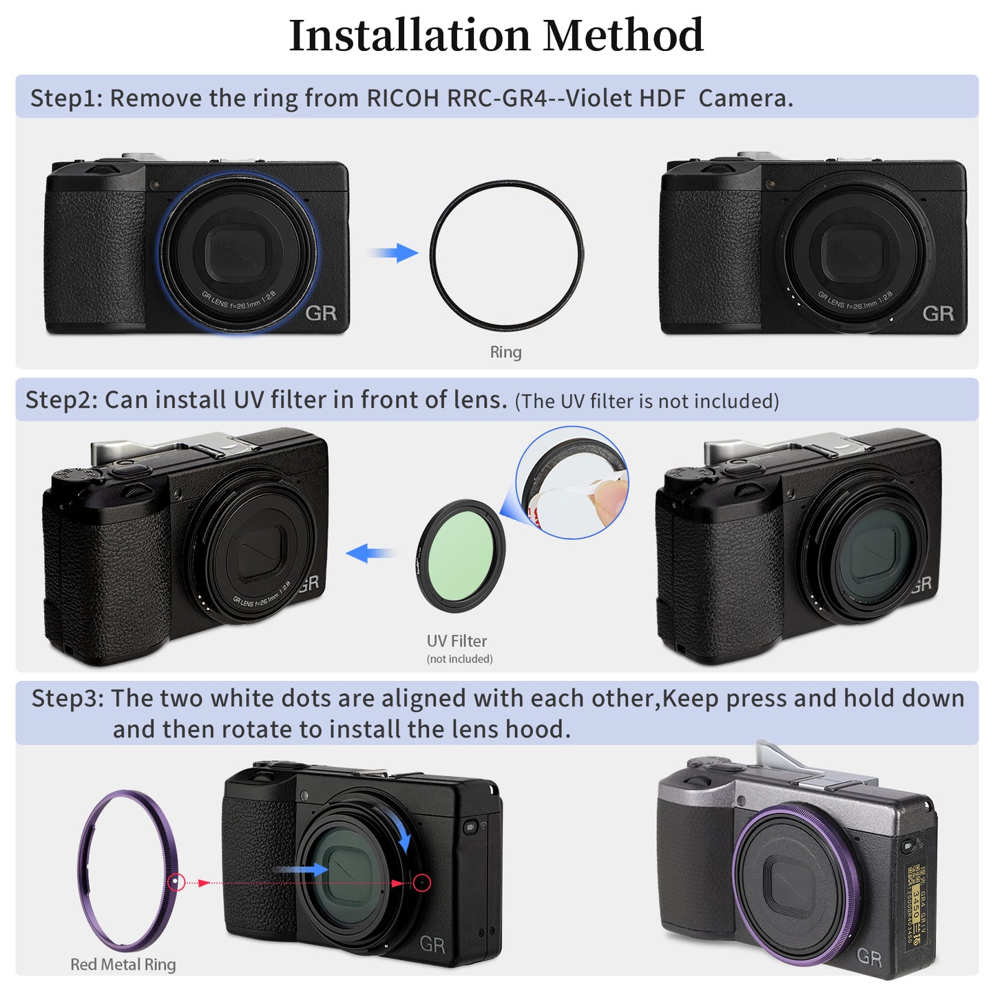 Haoge RRC-GR4-Violet Metal Decorate Ring Cap for RICOH GR IV Camera replaces GN-3