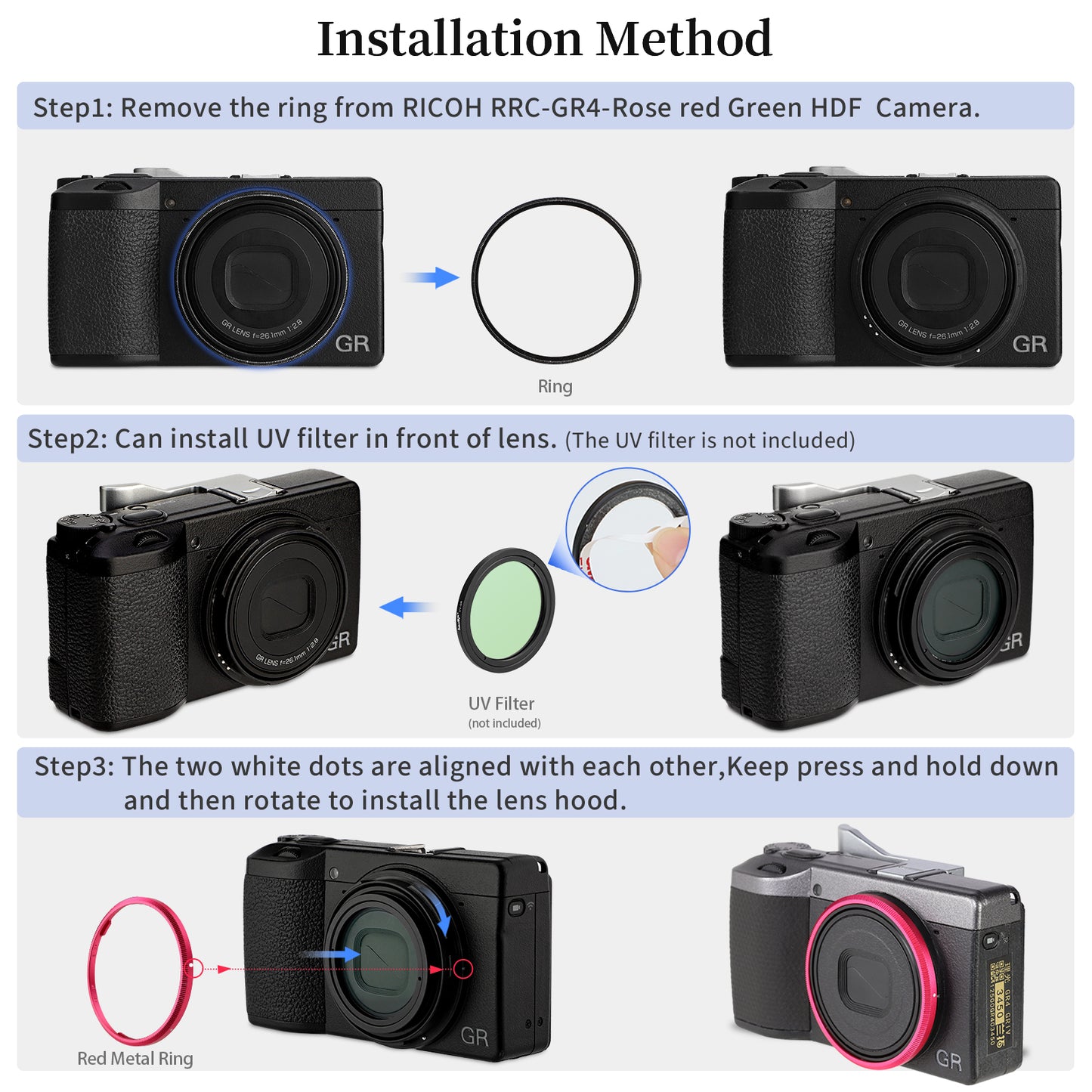 Haoge RRC-GR4-Rose red Metal Decorate Ring Cap for RICOH GR IV Camera replaces GN-3