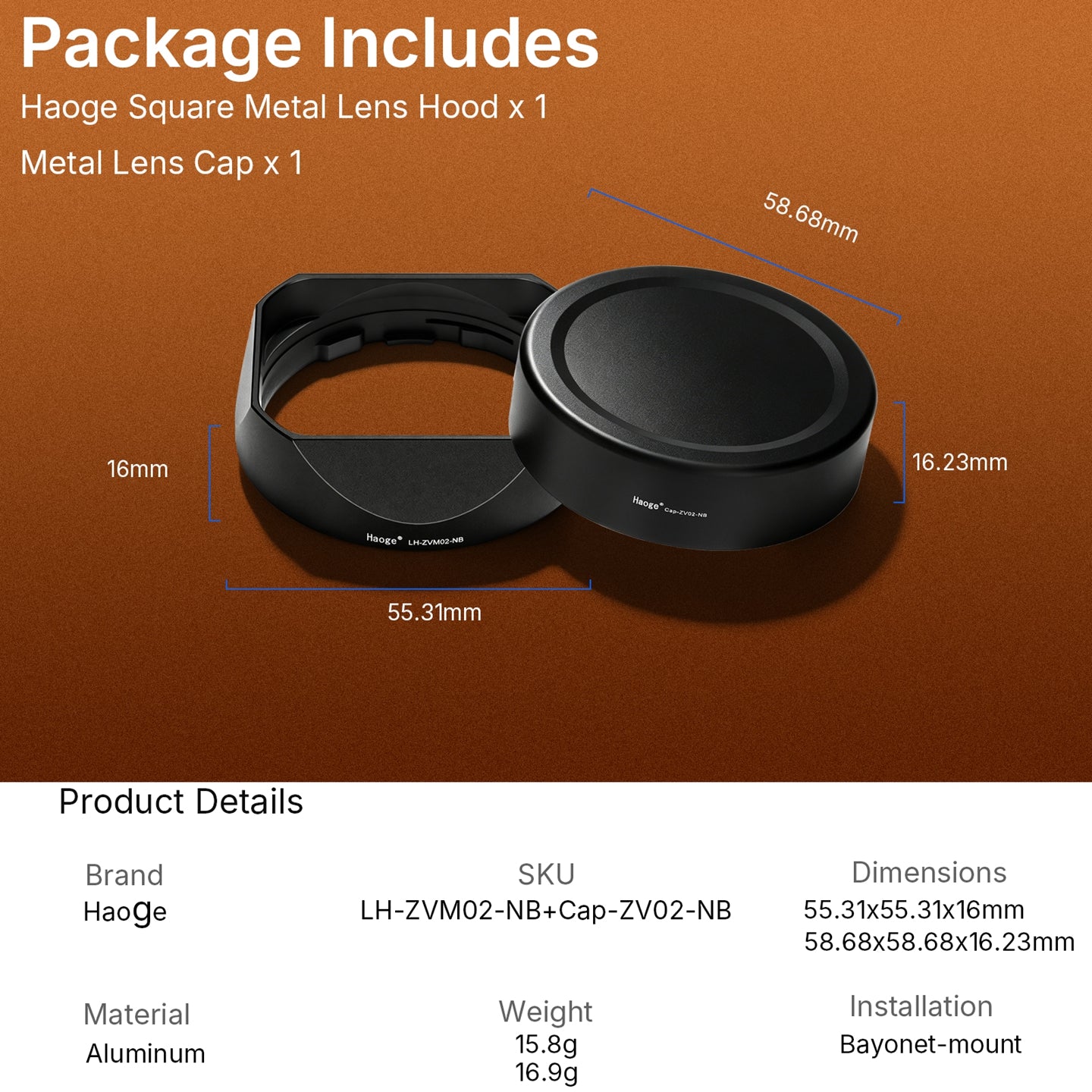 Haoge New Square Metal Lens Hood for Voigtlander NOKTON Classic 35mm F1.4 I/II VM,NOKTON Classic 40mm F1.4 VM,NOKTON 50mm F1.5 Aspherical II VM,NOKTON 28mm F1.5 Aspherical I/II VM Lens