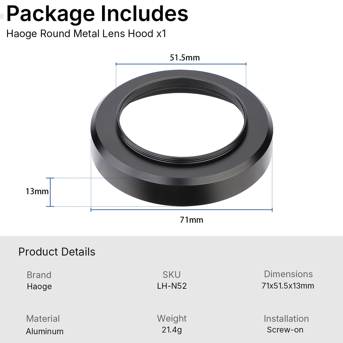 Haoge Metal Lens Hood for Fujifilm Fuji XC 15-45mm f/3.5-5.6 OIS PZ Lens, Compatible with 52mm UV Filters and 52mm Lens Cap
