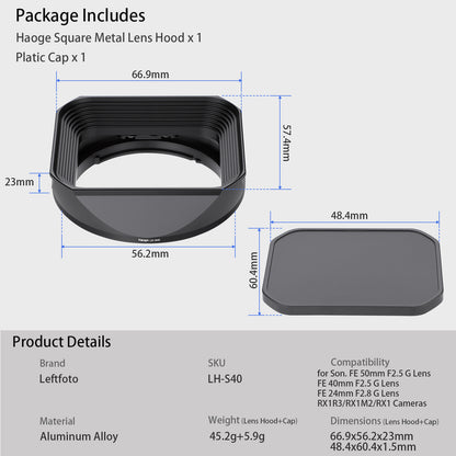Haoge Metal Square Lens Hood for Sony RX1R3/RX1M2/RX1 FE 40mm F2.5 G FE 50mm F2.5 G FE24mm F2.8 G Lens Shade on A7CII A7CR A7R4 Camera Bayonet  Mount With Cap