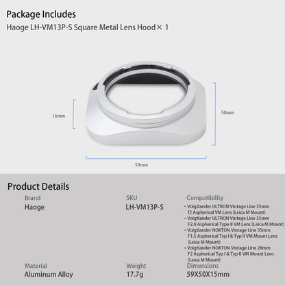 Haoge Square Metal Lens Hood for Voigtlander 35mm F2.0 35mm F1.5 28mm F2.0 Type I & II ULTRON Aspherical Vintage Line VM Mount Lens LH-VM13P-S Silver Bayonet design replace LH-12 LH-4N