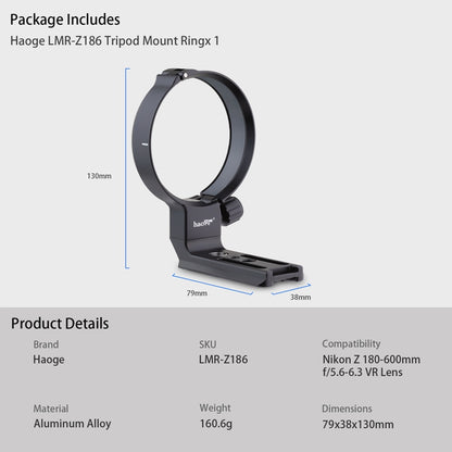 Haoge LMR-Z186 Lens Collar for Nikon Nikkor Z 180-600mm f/5.6-6.3 VR Lens Tripod Mount Ring built-in Arca Type Quick Release Plate