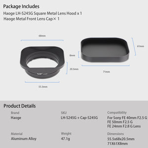 Haoge LH-S245G Metal Bayonet Square Lens Hood for Sony FE 40mm F2.5 G FE 50mm F2.5 G FE 24mm F2.8 G Lens Shade with Cap on Sony A7C A7R4