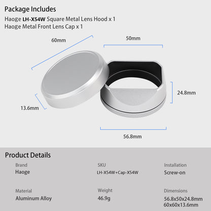 Haoge Square Metal Lens Hood for Fujifilm X100VI Fuji x100vi X100V X100F X100T X100S X100 X70 Camera Silver with 49mm UV Filter Adapter Ring and Metal Cap