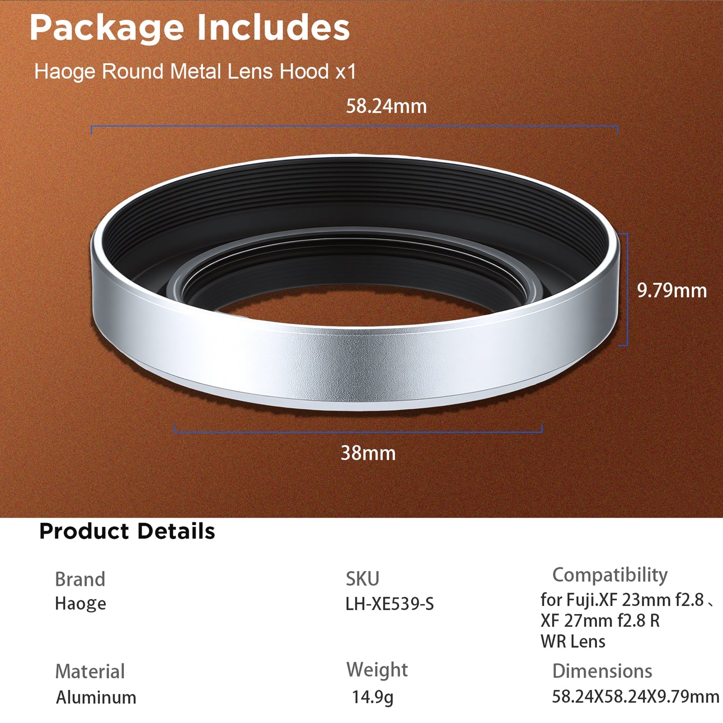 Haoge 39mm Metal Round Lens Hood for Fujifilm XF 23mm f2.8 Fujinon XF 27mm f2.8 R WR Lens on XE5 Camera Body Kit Ultra Slim Screw-in Design LH-XE539-S Silver