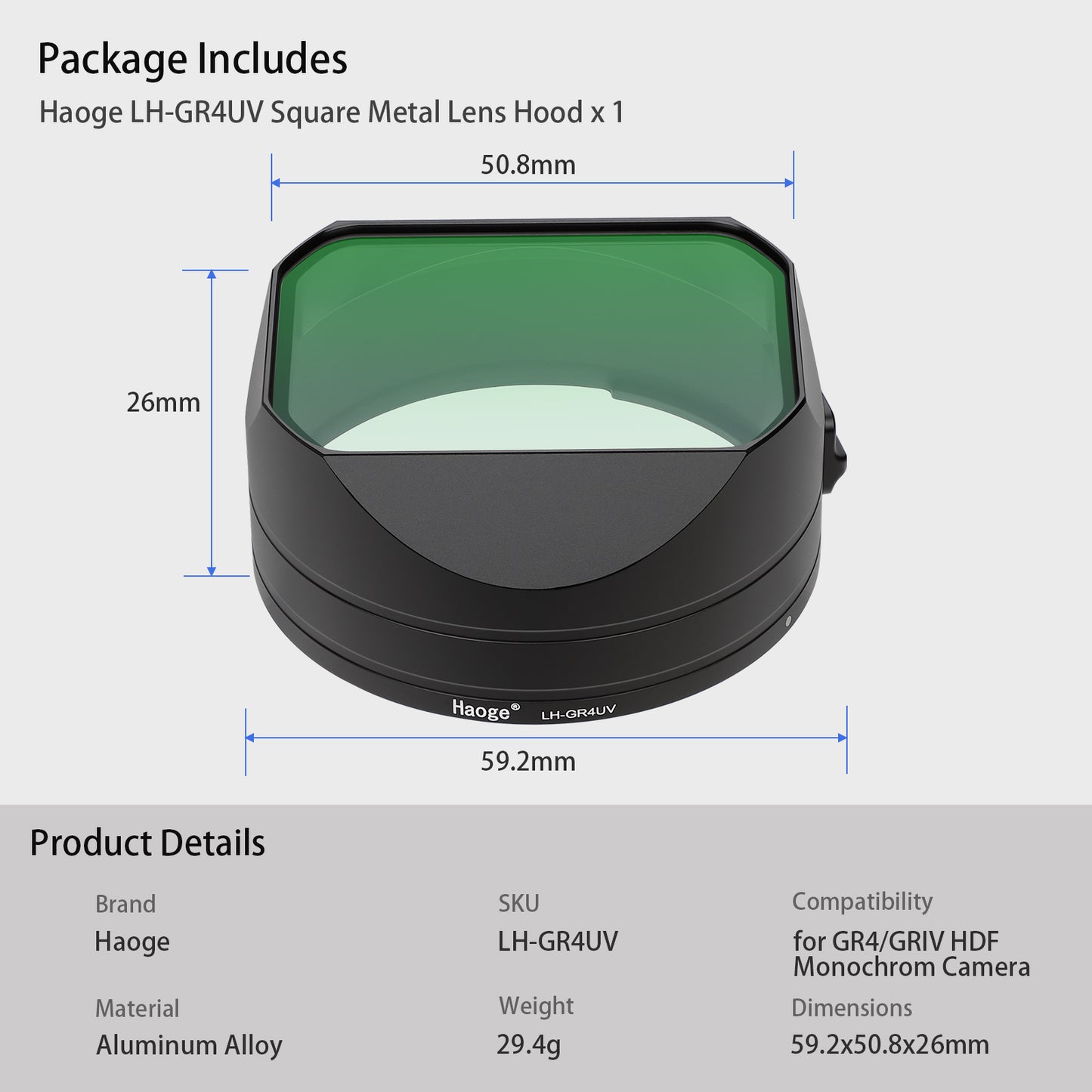Haoge GR4 Metal Square Lens Hood & Built-in UV Filter for RICOH GR VI HDF Camera Lens Accessories Bayonet Mount, With Lock Button Design