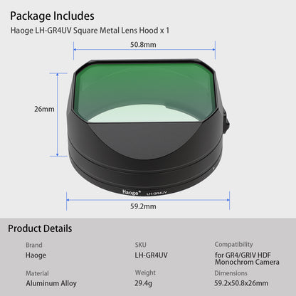 Haoge GR4 Metal Square Lens Hood & Built-in UV Filter for RICOH GR VI HDF Camera Lens Accessories Bayonet Mount, With Lock Button Design