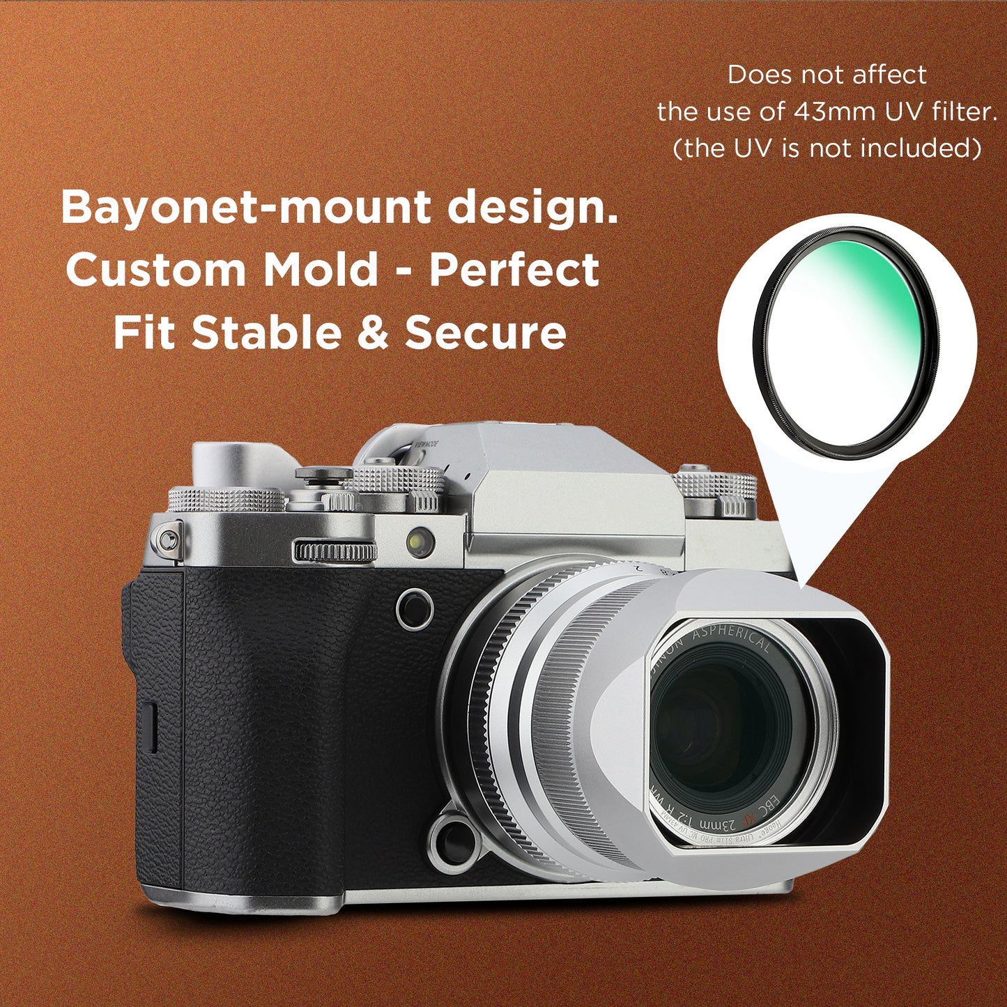 Haoge Metal Square Lens Hood for Fujifilm XF 23mm F2 R WR ，XF 35mm F2 R WR, XC 35mm F2 Lens, With Metal Front Cap Silver
