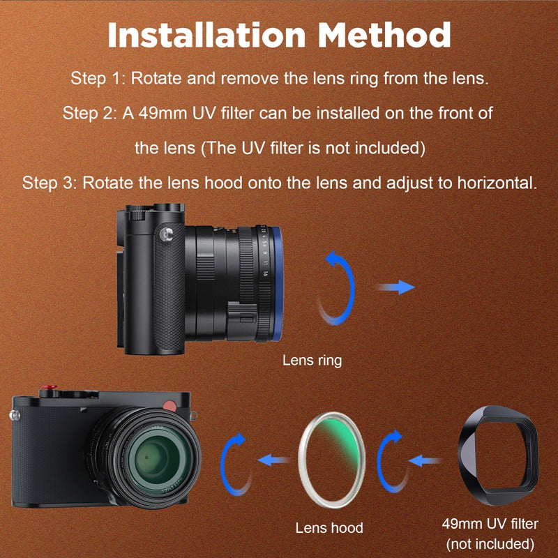 Haoge Metal Square Lens Hood for Leica Q3-28 Q2 Q QP TYP116 Camera Accessories Ultra Slim Screw-in Design 49mm UV Compatible LH-LQ343-13N