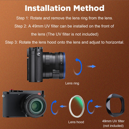 Haoge Metal Square Lens Hood for Leica Q3-28 Q2 Q QP TYP116 Camera Accessories Ultra Slim Screw-in Design 49mm UV Compatible LH-LQ343-13N
