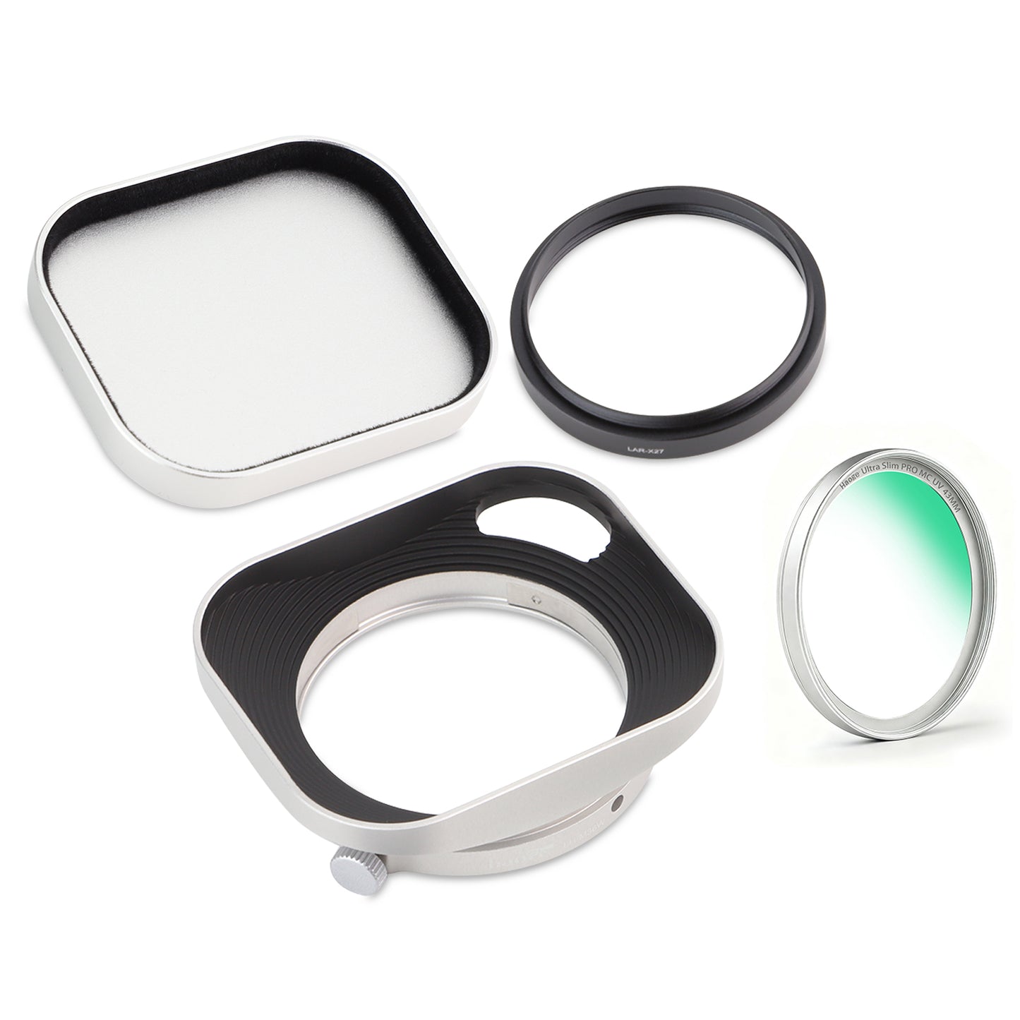 Haoge Lens Hood Metal Squaret for Fujifilm XF 23mm F2.8 R WR Lens Hood ,Fuji XF 27mm F2.8 R WR Lens Hood Silver ,With Metal Cap on Fuji X-E5 Camera