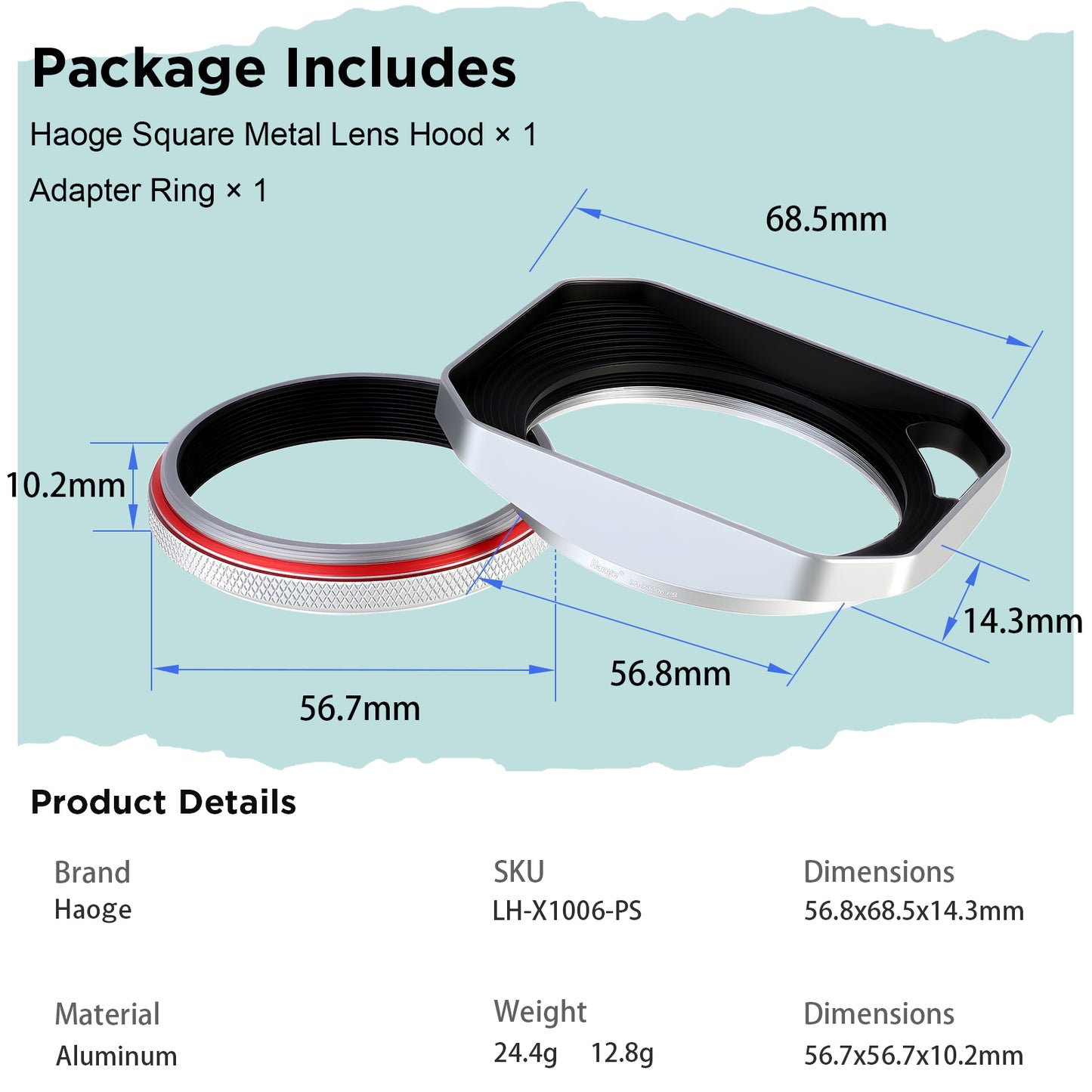 Haoge Square Metal Lens Hood for Fujifilm X100VI Fuji X100V X100F X100T X100S X70 Fuji Photo Camera Accessories Silver with 49mm Uv Filter Adapter Ring Hollow Out Designed LH-X1006-PS