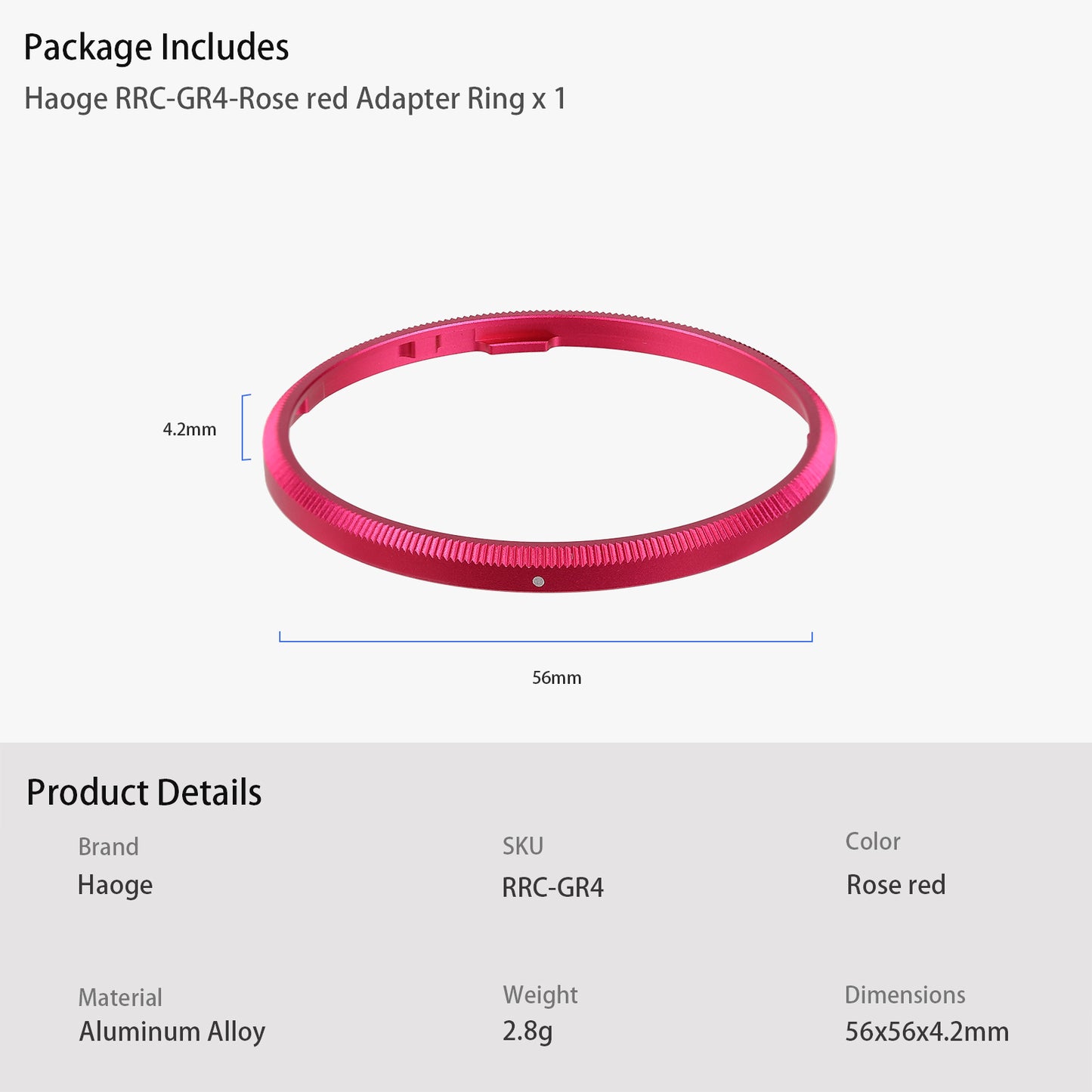 Haoge RRC-GR4-Rose red Metal Decorate Ring Cap for RICOH GR IV Camera replaces GN-3