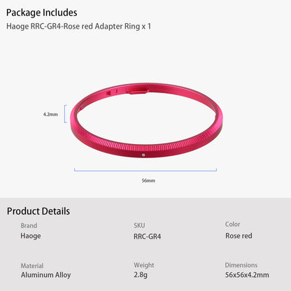 Haoge RRC-GR4-Rose red Metal Decorate Ring Cap for RICOH GR IV Camera replaces GN-3