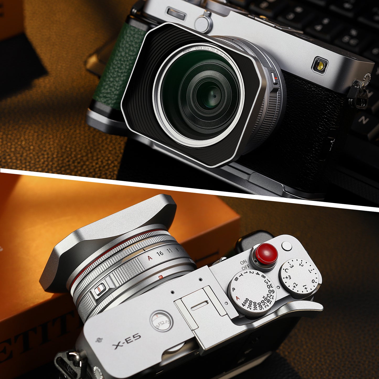 Haoge Squaret Metal Lens Hood  for Fujifilm XF23mm F2.8 on XE5 Cemera Body kit & Fujinon XF27mmF2.8 R WR Lense ,With Metal Cap,39mm Screw-in Hood Silver