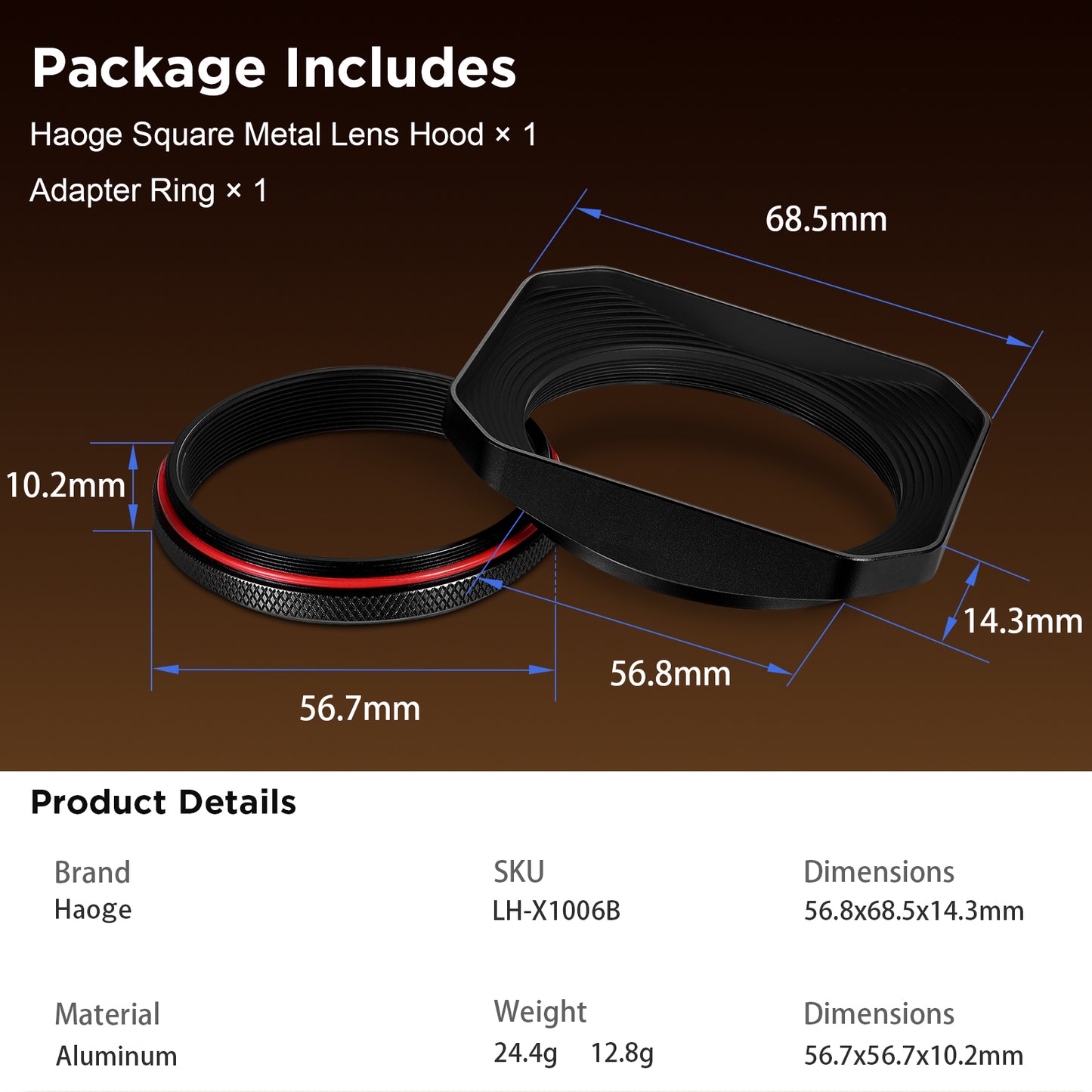 Haoge Square Metal Lens Hood with 49mm Uv Filter Adapter Ring for Fujifilm X100VI Fuji X100V X100F X100T X100S X70 Fuji Photo Camera Accessories LH-X1006B Black