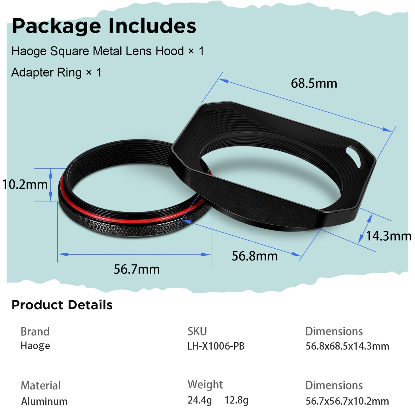 Haoge Square Metal Lens Hood with 49mm Uv Filter Adapter Ring for Fujifilm X100VI Fuji X100V X100F X100T X100S X70 Fuji Photo Camera Accessories Hollow Out Designed Black