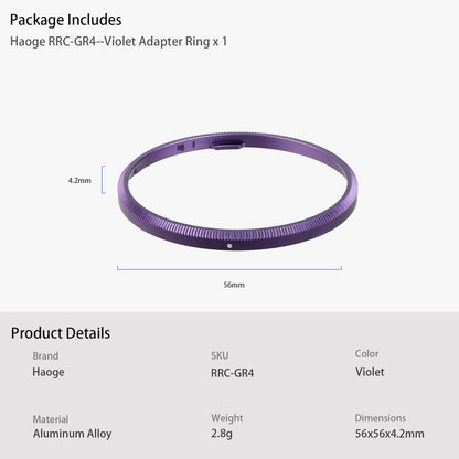Haoge RRC-GR4-Violet Metal Decorate Ring Cap for RICOH GR IV Camera replaces GN-3