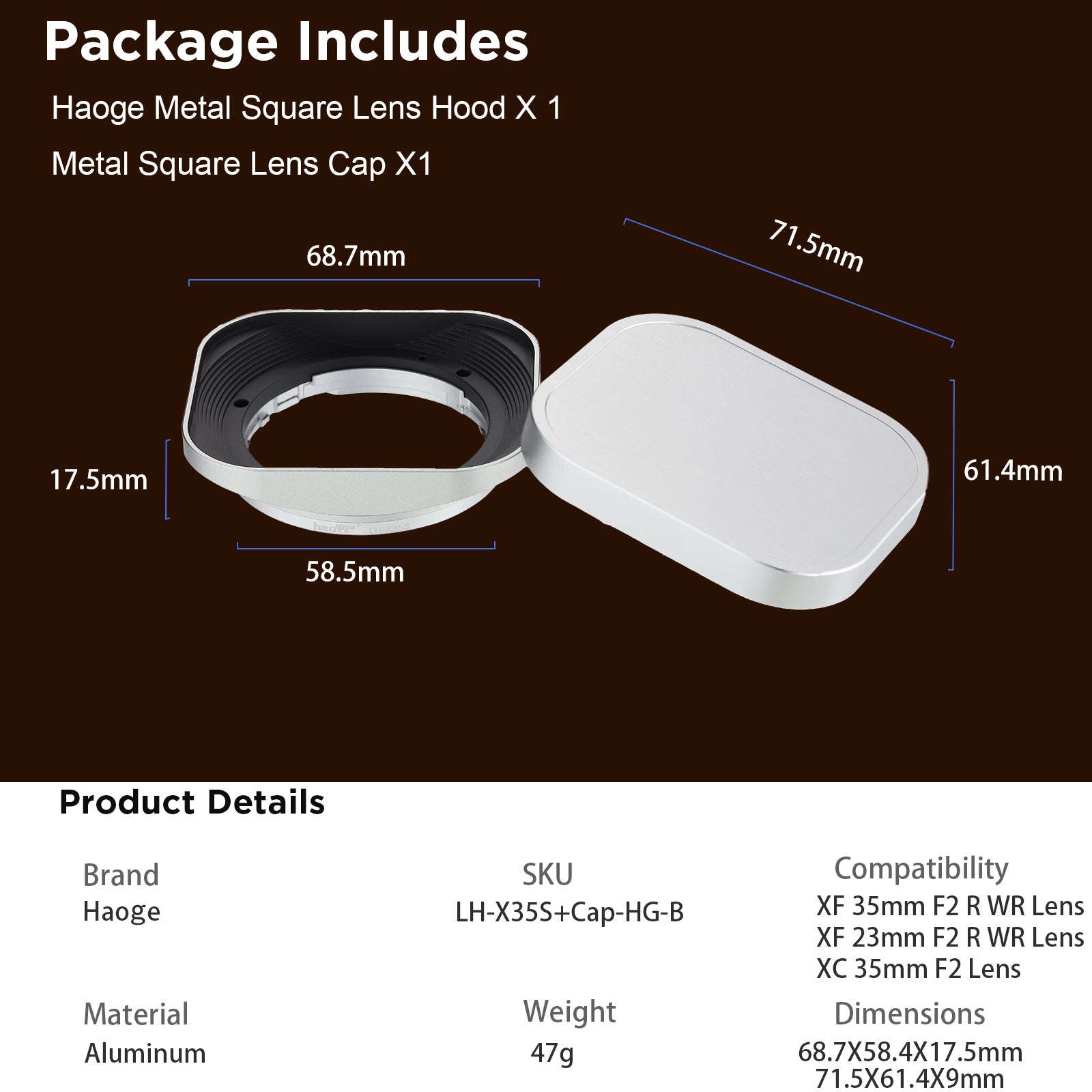 Haoge LH-X35S Square Metal Lens Hood Shade for Fujifilm Fuji