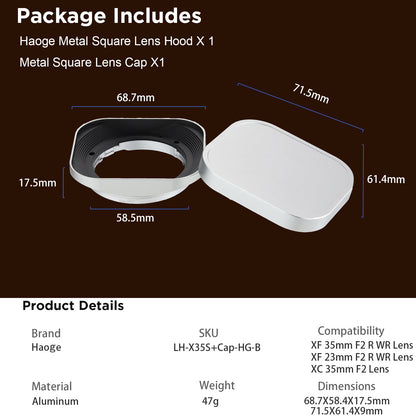 Haoge LH-X35S Square Metal Lens Hood Shade for Fujifilm Fuji Fujinon XF 35mm F2 ,XF 23mm f2 R WR and XC35mm F2 lens Silver