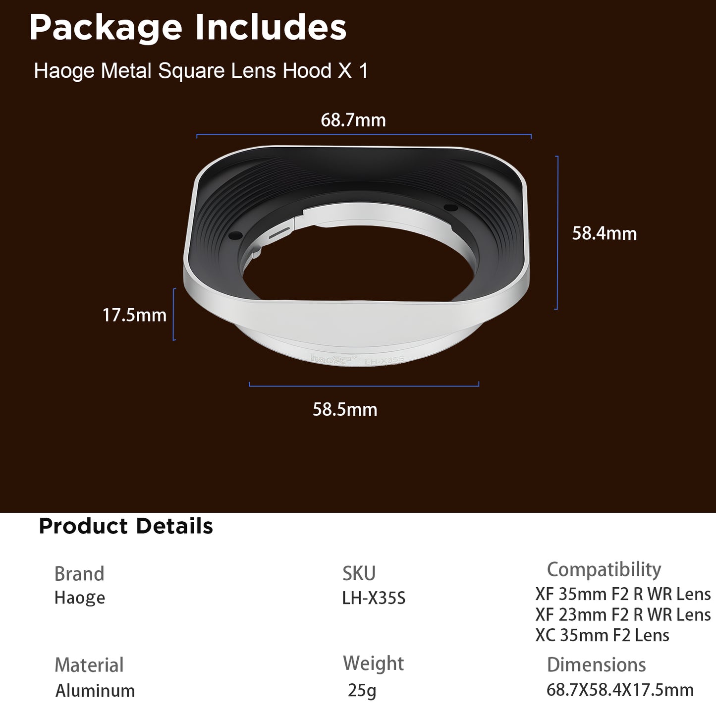 Haoge LH-X35S Square Metal Lens Hood Shade for Fujifilm Fuji Fujinon XF 35mm F2 ,XF 23mm f2 R WR and XC35mm F2 lens Silver